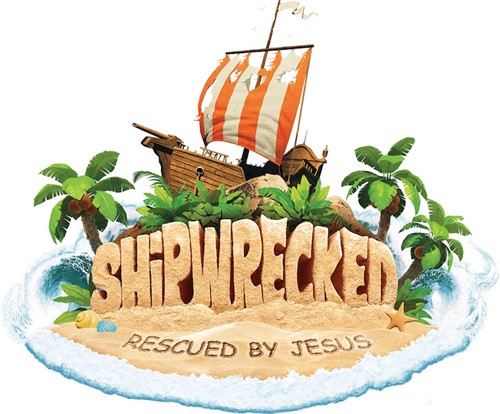 VBS logo Shipwrecked:Rescued by Jesus. Cartoon photo of ship on island