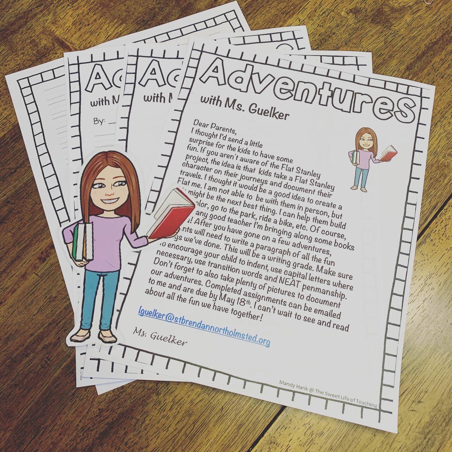 bitmoji photo of mrs guelker with photo of her 2nd grade adventure instructions