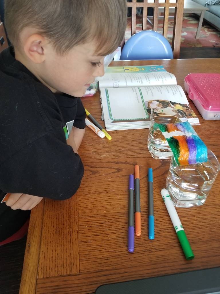 boy looks at the rainbow he made