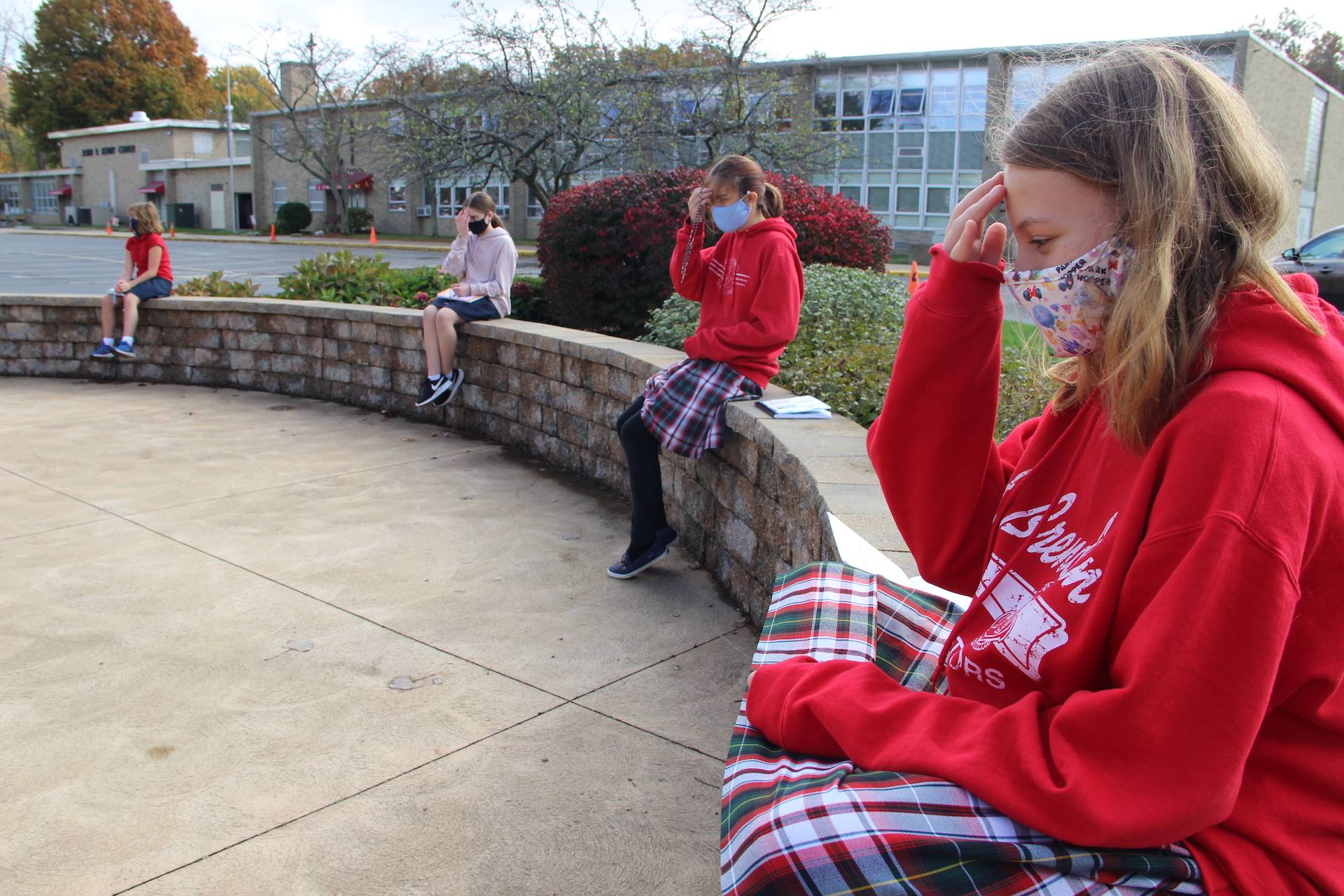 Students enjoy a moment of socially distant prayer in the Our Lady of Knock 