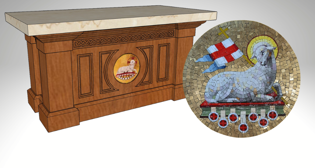 new altar rendition and actual photo of the lamb of God mosiac for the center
