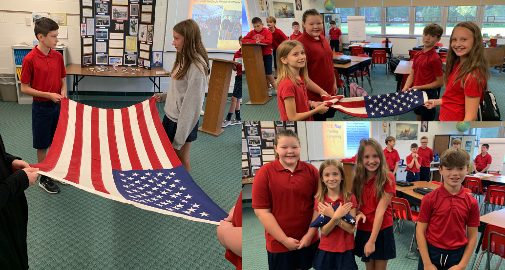 students learn how to fold a flag